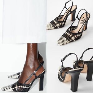 Zara Braided High Square Heel Shoes Houndstooth